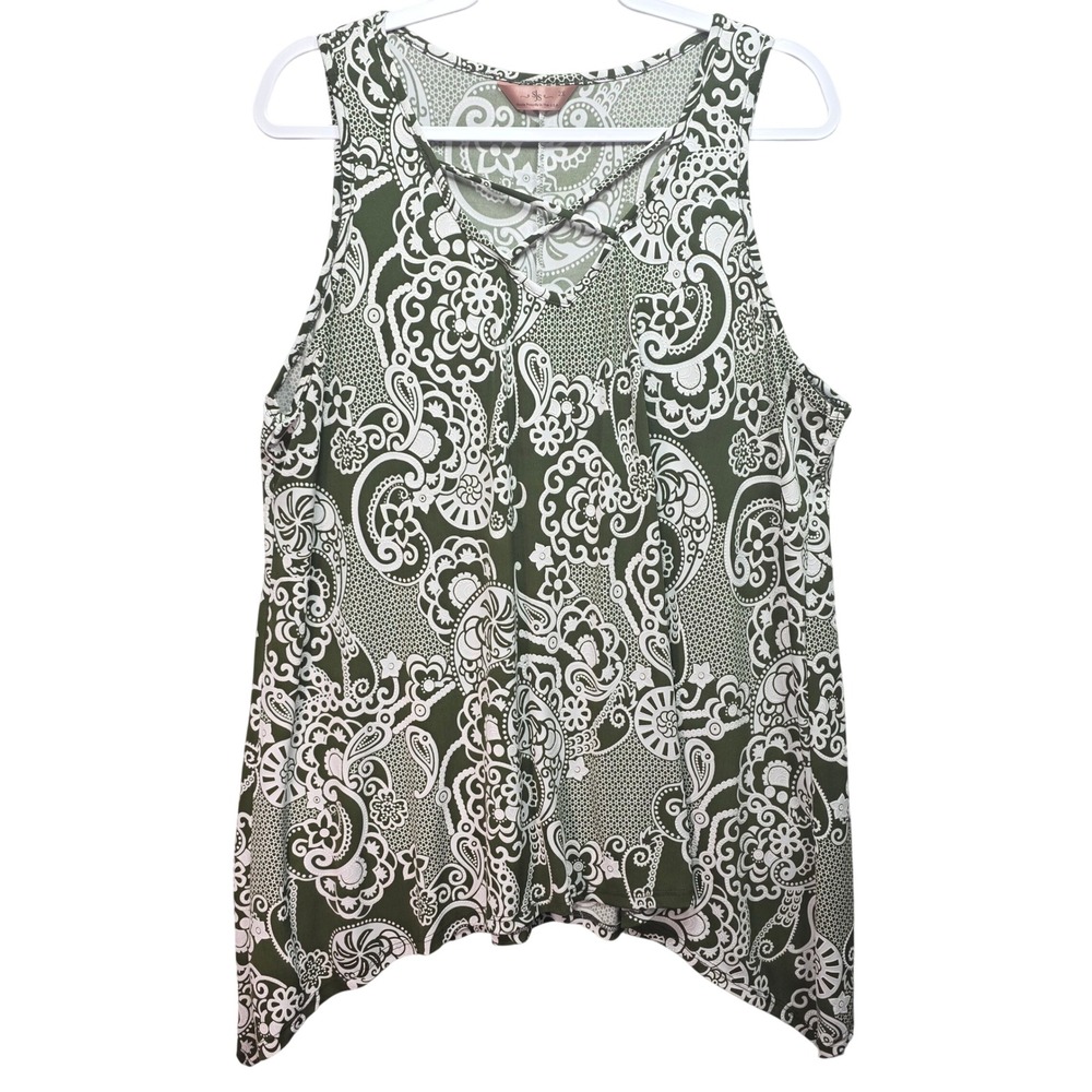 SJS Tank Top Womens 2X Green Paisley Lattice Vneck Sharkbite Hem USA Textured
